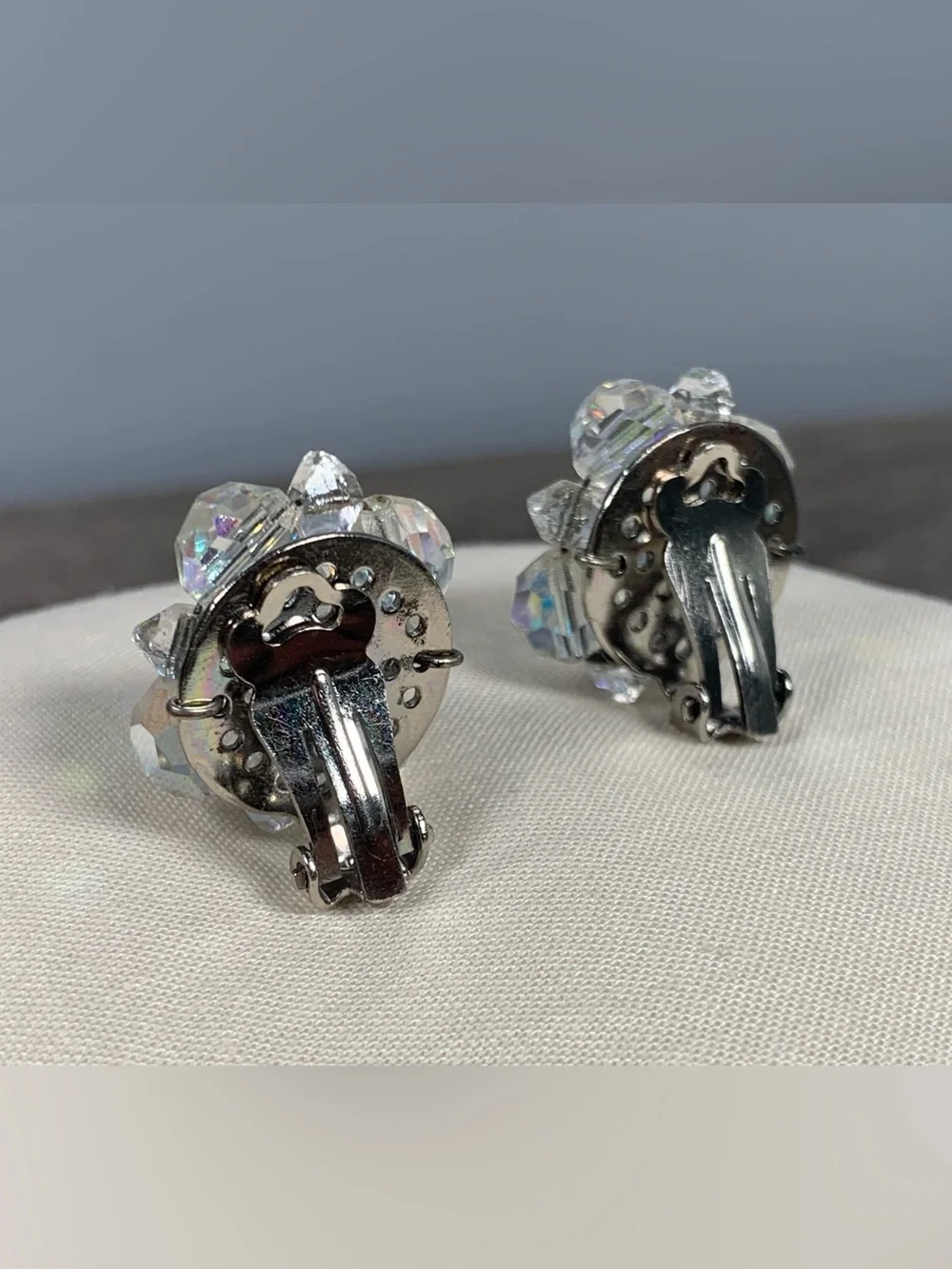 Vintage Beaded Cluster AB Iridescent Clip On Earrings Clear